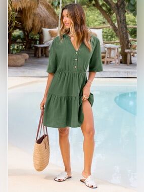 Cupshe VNeck Crinkled Woven Cotton Mini Dress-Layered-elastic Waist-Size XL NWT